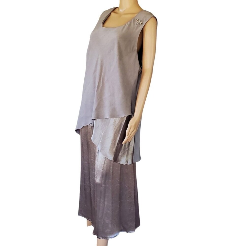 VTG Wayne Diamond 2 Pc Skirt Set Women's 22 Gray Tank Blouse Satin Dragonfly Pin